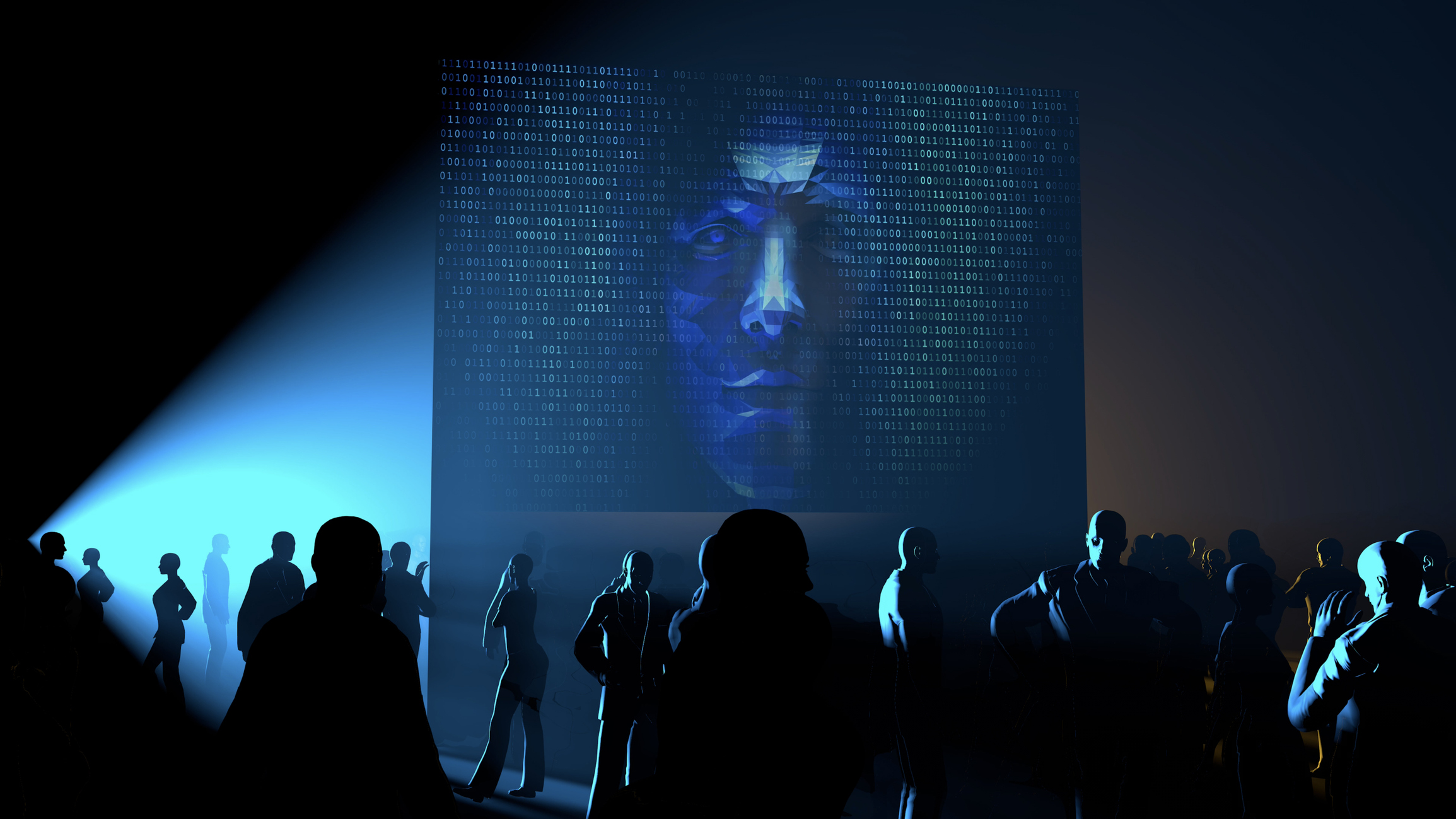 Alt text: Robotic face peeking through an animated binary code screen at subway station in the future.